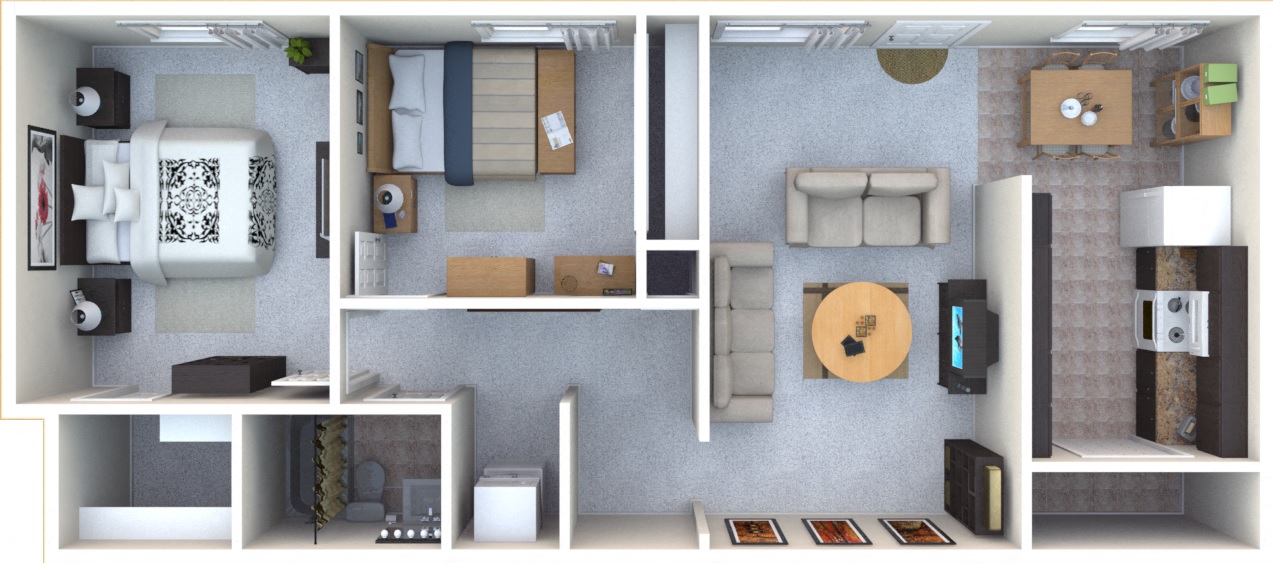 Floor plan for 2 beds, 1 bath, 834 sqft